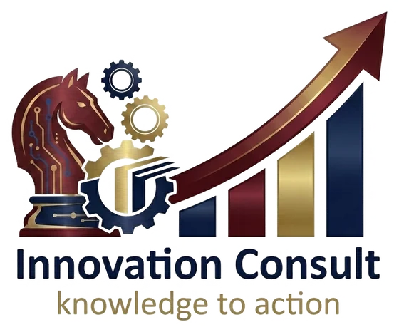 Innovation Consult logo: a chess knight beside rising bars, with the words knowledge to action